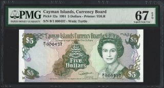 1991 Cayman Islands $5 Dollars,  S/n B/1 000437,  Pmg 67 Epq Gem Unc P - 12a