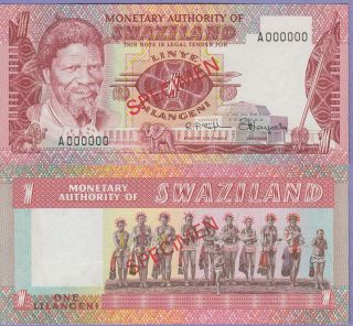 Swaziland 1 Emalangini Banknote 1974 Uncirculated " Specimen " Cat 1 - S
