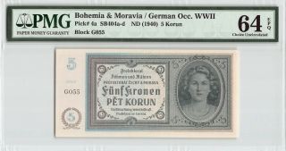 Bohemia & Moravia Nd (1940) P - 4a Pmg Choice Unc 64 Epq 5 Korun
