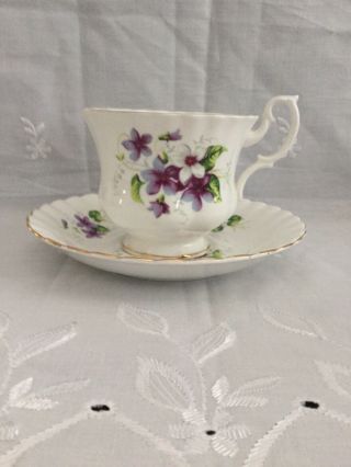 Royal Albert Footed Tea Cup & Saucer White & Purple Violets - English Bone China
