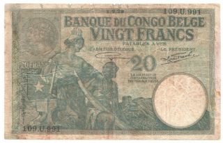 Belgian Congo 20 Francs 1929 P - 10f Rare
