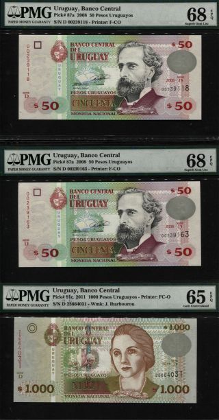 Tt Pk 87a & 91c Uruguay 50 & 1000 Pesos Uruguayos Pmg 65q & 68q Set Of Three