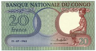 Congo - 20 Francs 15.  7.  1962.  P4,  Unc (con001)