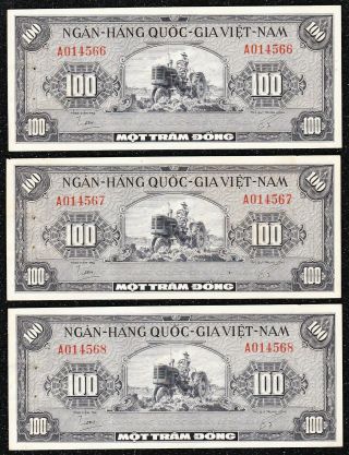 South Viet - Nam - 1955 - P8 - 100 Dong X 3 Consecutive - Unc.