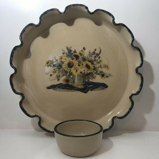 Home And Garden Party Beige Yellow Sun Flower Heavy Pottery Made In Usa