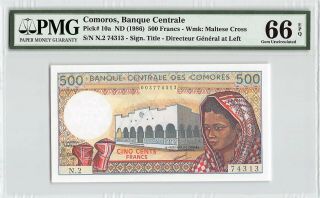 Comoros Nd (1986) P - 10a Pmg Gem Unc 66 Epq 500 Francs Inverted Watermark Error