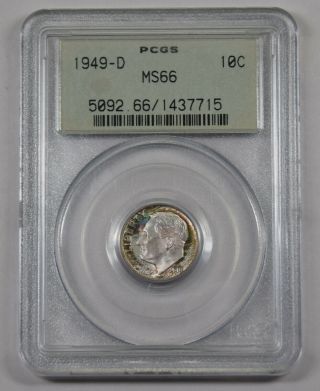 1949 - D Roosevelt Dime Pcgs Ms66 Ogh Neon Rainbow Toned Obv.  Scarce