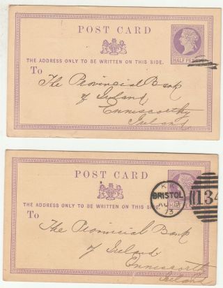 Gb: 2 Qv 1/2d Postal Cards; Somersetshire Bank - Provincial Bank Of Ireland,  1870s
