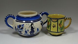 Antique Hb Quimper France Art Pottery Two Handled Pot And Demitasse Cup