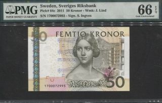 Tt Pk 64c 2011 Sweden Sveriges Riksbank 50 Kronor Pmg 66 Epq Gem Uncirculated