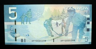 2008 Bank Of Canada $5 Dollars Low Serial Number Apt0000299 Bc - 67b ( (unc))