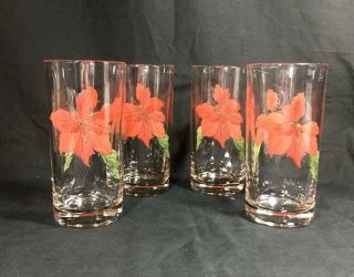 1982 Set Of 4 Block Spal Watercolors Poinsettia Iced Tea Glasses Holiday