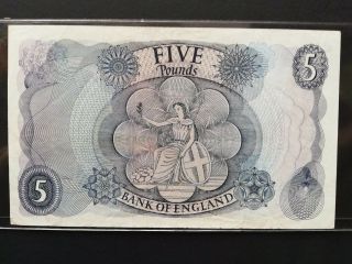 British Paper Money - - Bank of England 1962 J35 778470 5 Pounds 2