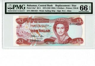 Bahamas P 44a 1974 3 Dollars Replacement Pmg 66 Epq Gem Unc