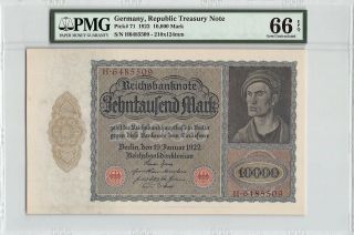 Germany,  Reichsbanknote 1922 P - 71 Pmg Gem Unc 66 Epq 10,  000 Mark (large - Size)