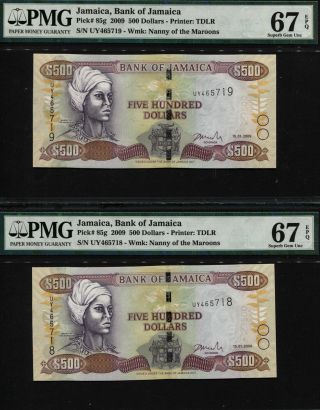 Tt Pk 85g 2009 Jamaica 500 Dollars Pmg 67 Epq Gem Sequential Set Of Two
