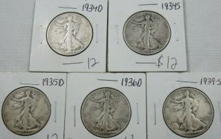 5 Walking Liberty Half Dollars 1934 - S,  1934 - D,  1935 - D,  1936 - D,  1939 - S