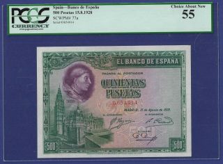 Uncirculated 500 Pesetas 1928 Banknote From Spain.  Pcgs Graded 1 Of 2