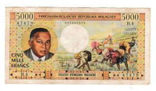 Madagascar 5000 Francs 1000 Ariary P.  60 1966 Vf See Scans