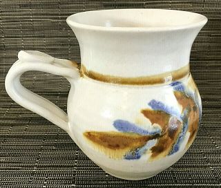 Studio Pottery Mug White Blue Brown Holds 9 Oz Handmade 4 " H Signed Euc