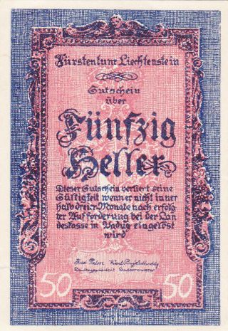 50 Heller Aunc Banknote From Liechtenstein 1920 Pick - 3