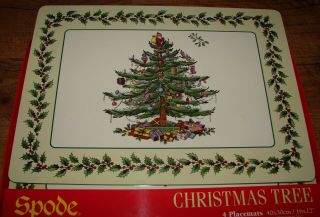 SPODE CHRISTMAS TREE 4 PLACEMATS CORK BACK W/ BOX 16 