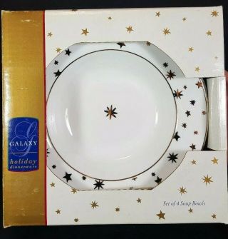 Galaxy White Holiday Dinnerware Set Of 4 Soup Bowls Sakura 14k Gold Stars