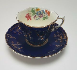 Aynsley Tea Cup Cobalt Blue Gold Filigree Trim Corset Shape With Floral Details