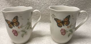 2 Lenox Butterfly Meadow Mugs Coffee Cups Monarch Flowers 4 - 1/4 " Tea Lovely Euc