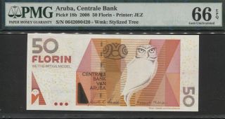 Tt Pk 18b 2008 Aruba - Centrale Bank 50 Florin " Owl " Pmg 66 Epq Gem Uncirculated