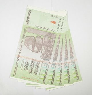 5 Consecutive 50 Trillion Dollar Zimbabwe Uncirculated Notes 2008 Authentic 268