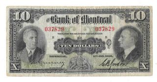 1938 Bank Of Montreal 10 Dollar Bill (f)