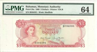 Bahamas $3 Dollars Currency Banknote 1968 Pmg 64 Cu