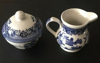 One Willow Blue Creamer And Sugar Bowl Set - Churchill Made In England