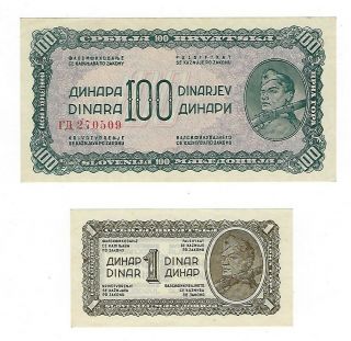 Yugoslavia 1 Dinar 1944 & 100 Dinara 1944 Unc P48 & P53.  Jo - 8437
