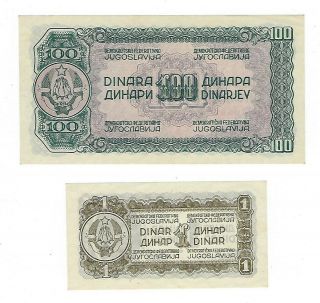 Yugoslavia 1 Dinar 1944 & 100 Dinara 1944 Unc P48 & P53.  JO - 8437 2