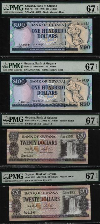 Tt Pk 31 & 30b2 1996 - 99 Guyana 20 & 100 Dollars Pmg 67 Epq Gem Set Of 4