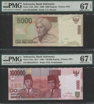 Tt Pk 142h & 153a 2001 - 11 Indonesia 5000 & 10000 Rupiah Pmg 67 Epq Set 2