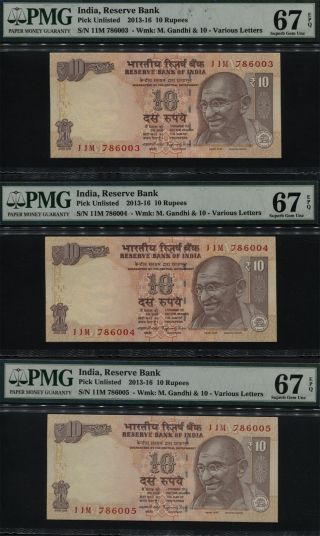 Tt Pk Unl 2014 India 10 Rupees Sacred S/n 786 Seq 03,  04,  05 Pmg 67 Epq Set Of 3