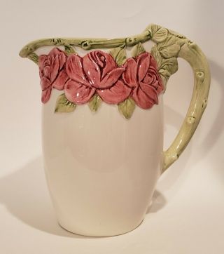 San Marco Nove Italy Rose And Thorns Pitcher - 9 " - Red White Green Ceramic Vtg
