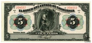 1913 Mexico 5 Pesos El Banco Del Estado De Chihuahua Vf Banknote