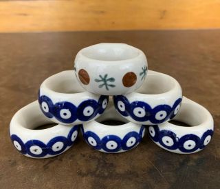 Set (6) Wiza Pottery Hand - Made Poland House Napkin Rings Blue Polish