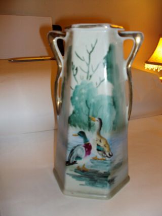 Antique Royal Nishiki Nippon Hand Painted Geese 9 1/2 " Vase Japan