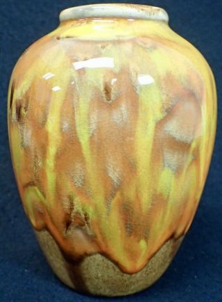 Handmade Art Pottery Vase Mid - Century - Modern Brown Orange & Yellow Drip Glaze