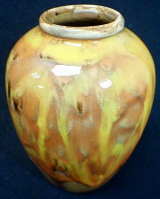 Handmade Art Pottery Vase Mid - Century - Modern Brown Orange & Yellow Drip Glaze 2