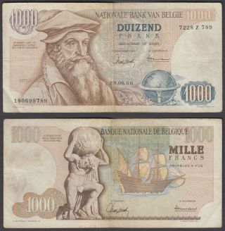 Belgium 1000 Francs 1966 (f - Vf) Banknote Km 136a