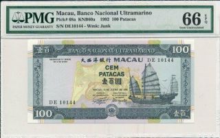 Banco Nacional Ultramarino Macau 100 Patacas 1992 S/no 10144 Pmg 66epq