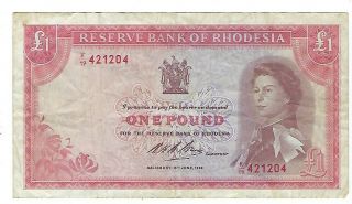 Rhodesia 1 Pound Banknote 1966 Vf.  Jon - 8318