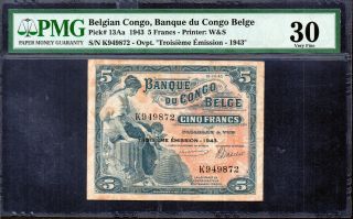 Belgian Congo P.  13aa 1943 5 Francs - Very Fine Pmg Graded 30.