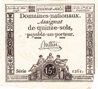 15 Sols Fine Banknote From French Revolution 1793 Pick - A69